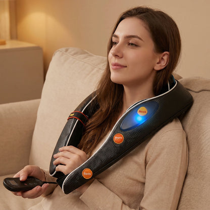 Front view of a model demonstrating the Soothing Adjustable Shiatsu Massage Pillow, showing a sleek design against a calming, neutral background.