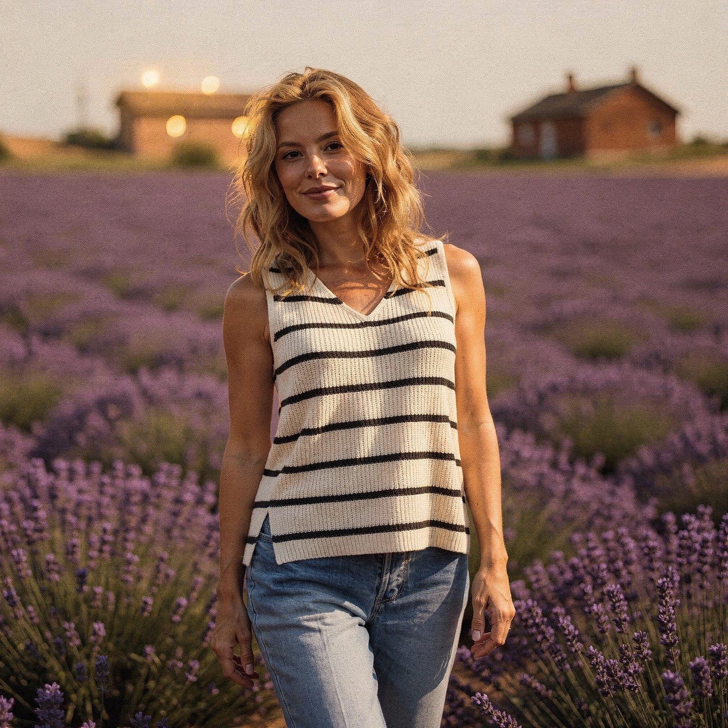 View of a relaxed fit summer sweater tank in light blue, featuring a nautical stripe pattern and soft knit fabric