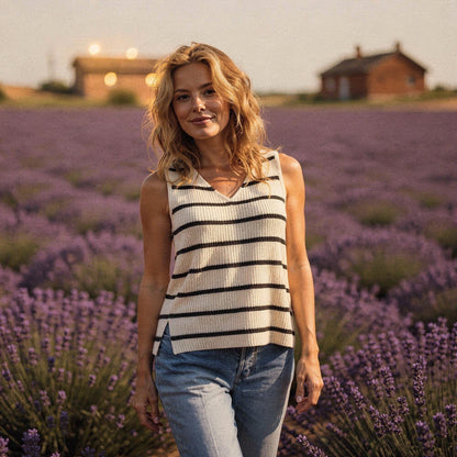 View of a relaxed fit summer sweater tank in light blue, featuring a nautical stripe pattern and soft knit fabric