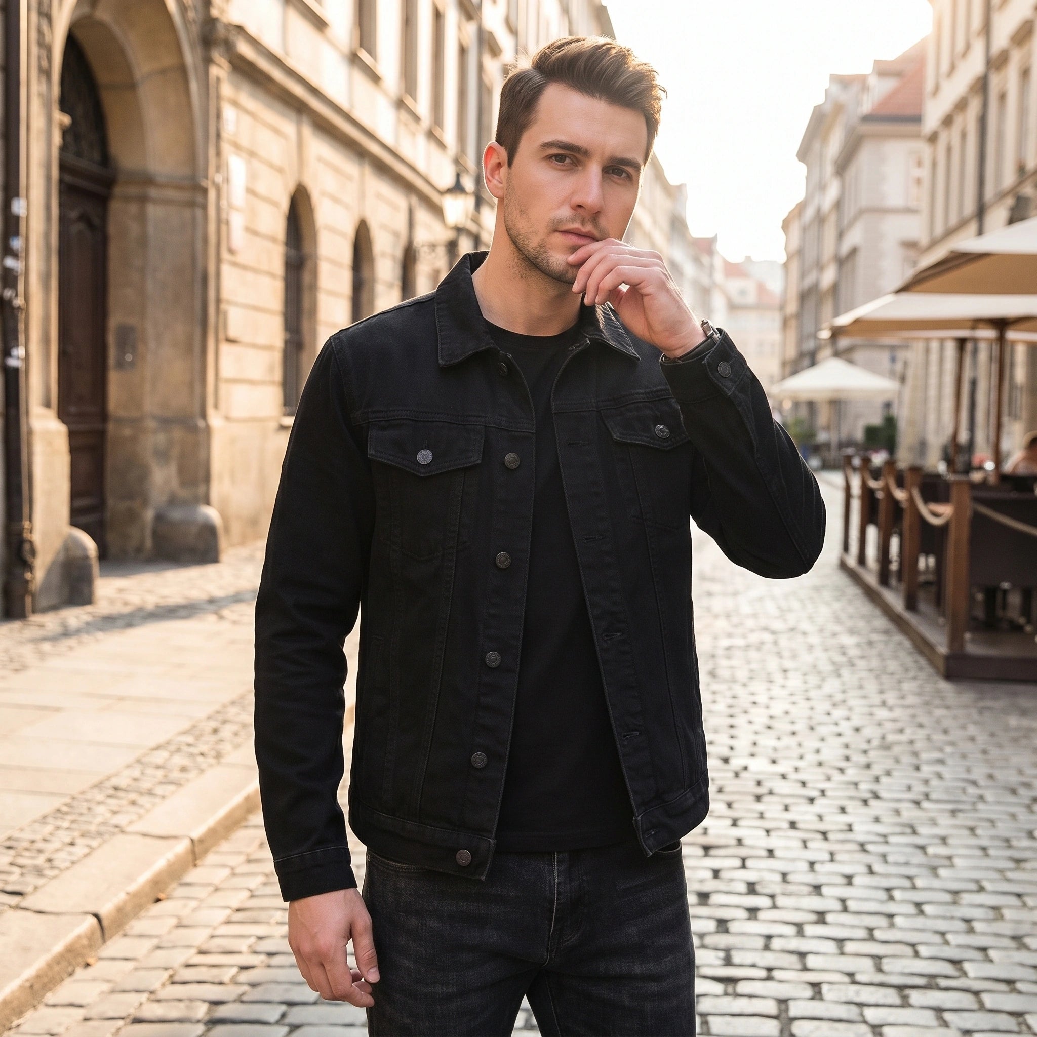 A male model showcases the mens classic tailored denim jacket in a versatile blue hue, styled with complementary casual pieces against a neutral background.