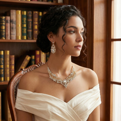 A model showcases the Womens Versatile Jewelry Set, styled with a outfit in neutral tones against a soft, blurred background.