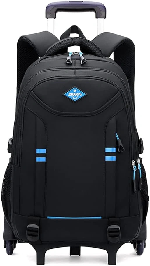 View of a durable rolling school backpack for boys, featuring a sleek design in navy blue with multiple compartments and padded straps