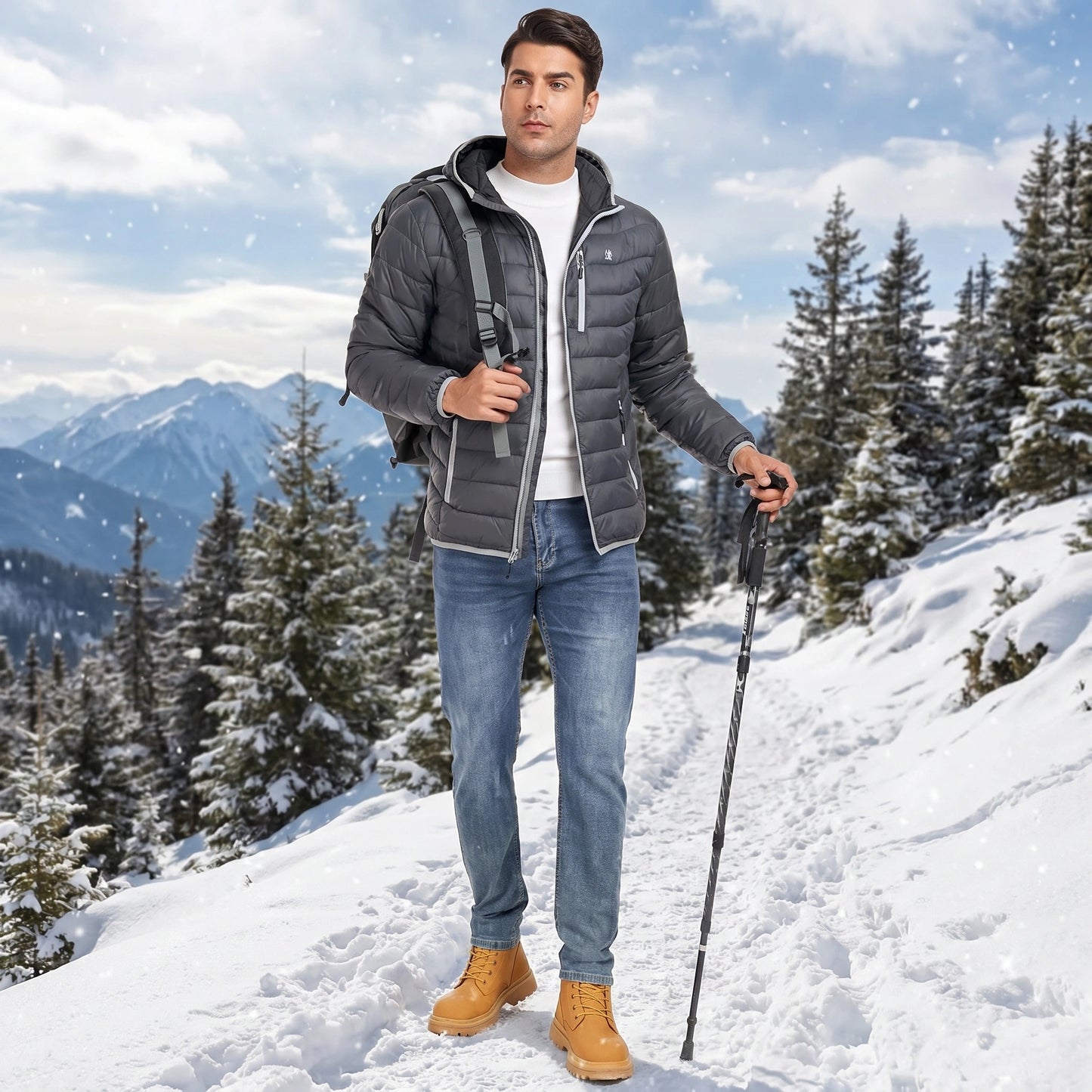 Back view of a model wearing a navy blue men's lightweight warm winter puffer jacket, showing its sleek design and construction details against a neutral background.