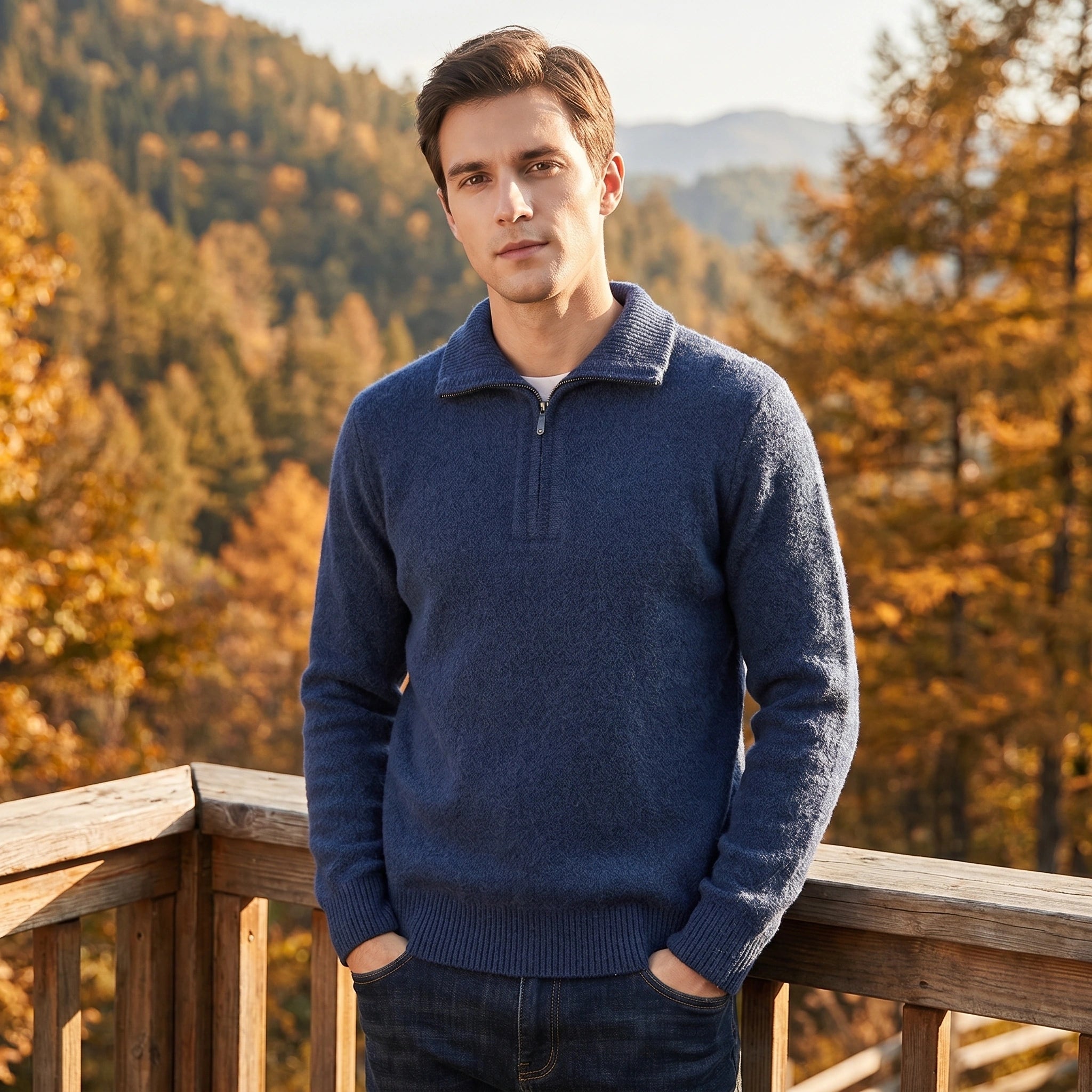 Close up view of the men's relaxed quarter zip sweater showing the soft fabric texture and detailed stitching in a classic neutral color.