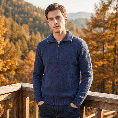Close up view of the men's relaxed quarter zip sweater showing the soft fabric texture and detailed stitching in a classic neutral color.