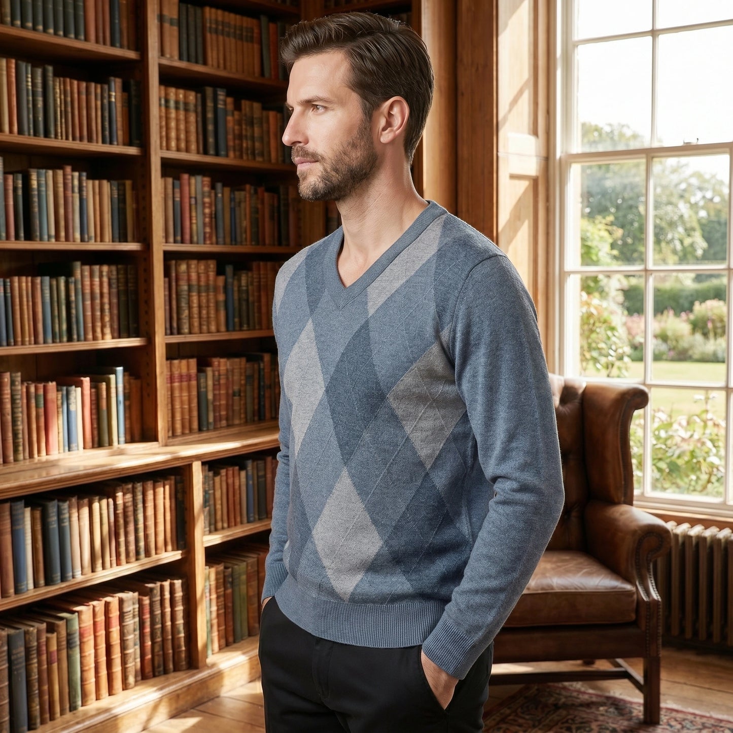 Back view of a model wearing a men's classic refined argyle V neck sweater in navy, showing its intricate knit construction and tailored fit against a neutral background.