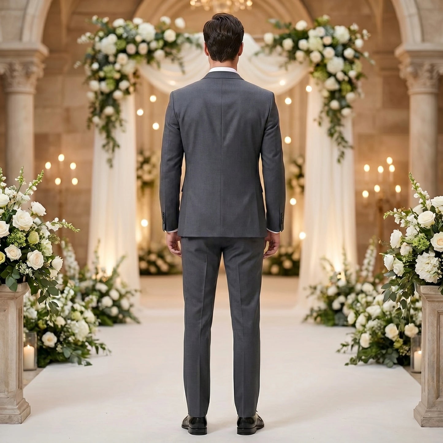 Close up view of the fabric and precise stitching of a men's tailored wedding suit in a sophisticated color, showing its quality and craftsmanship.