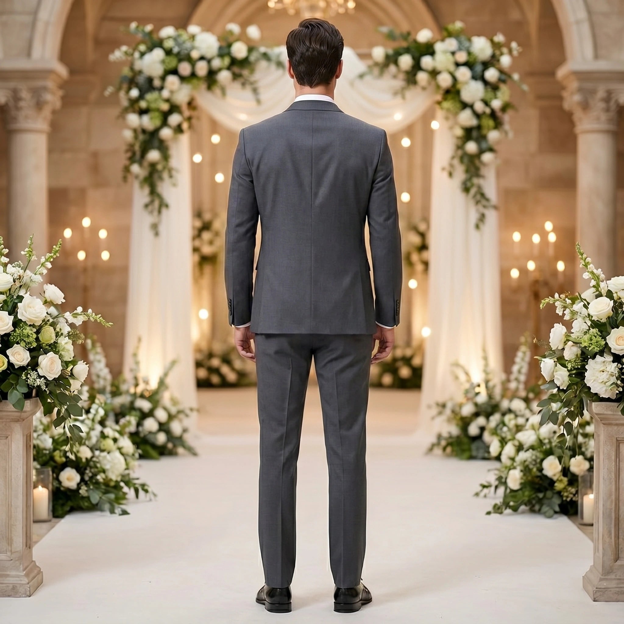 Close up view of the fabric and precise stitching of a men's tailored wedding suit in a sophisticated color, showing its quality and craftsmanship.