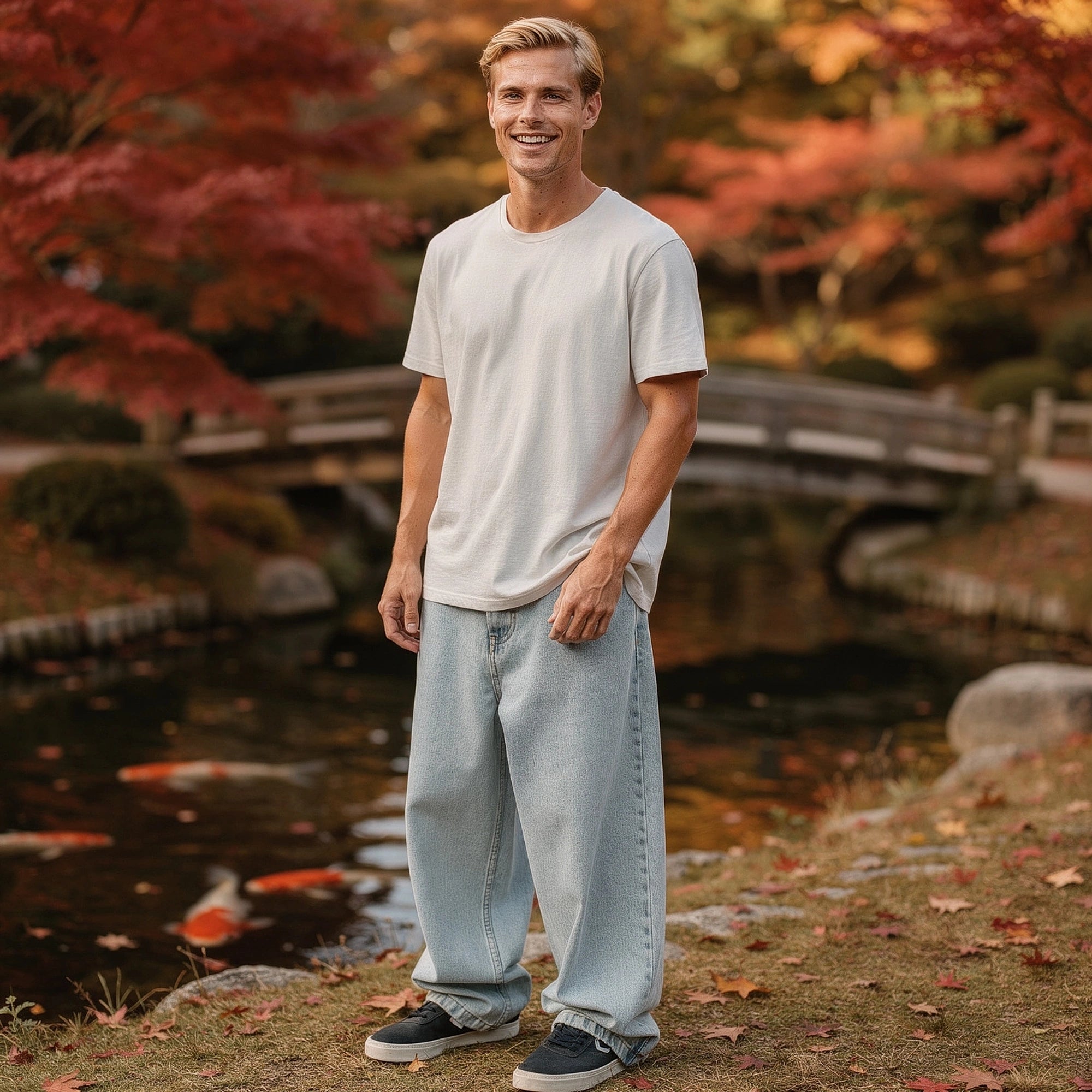 View of relaxed wide leg denim pants in light blue, featuring a soft cotton material and subtle fading