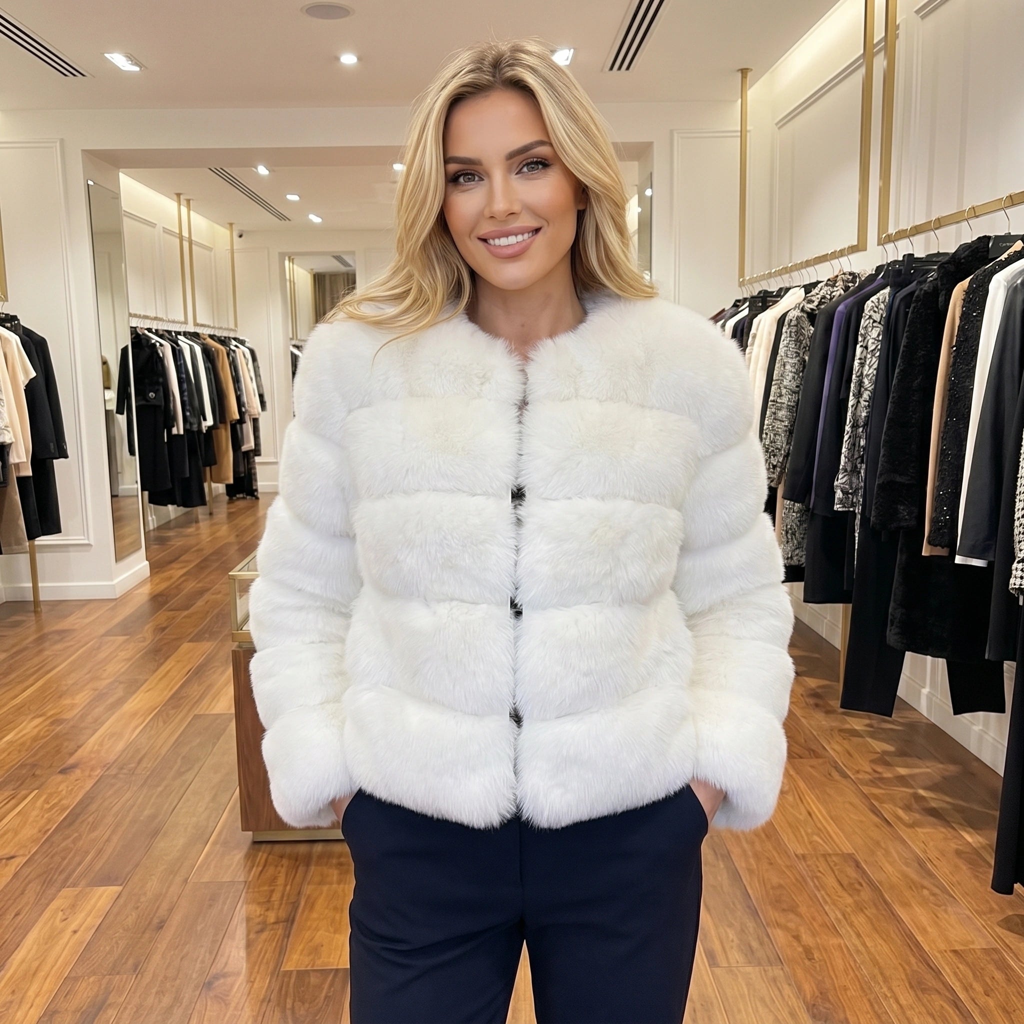 Close up view of the Womens Fluffy Autumn Coat showing its soft fabric texture, intricate stitching, and luxurious design details perfect for layering.