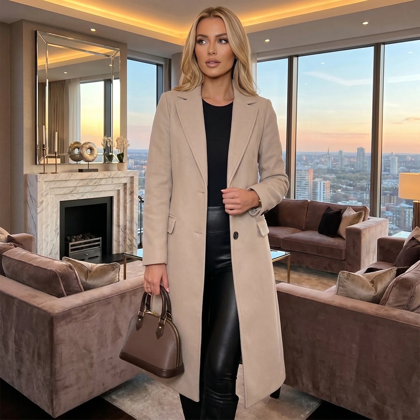 Front view of a model showing a women's structured winter coat in a classic color, styled with accessories against a neutral background.