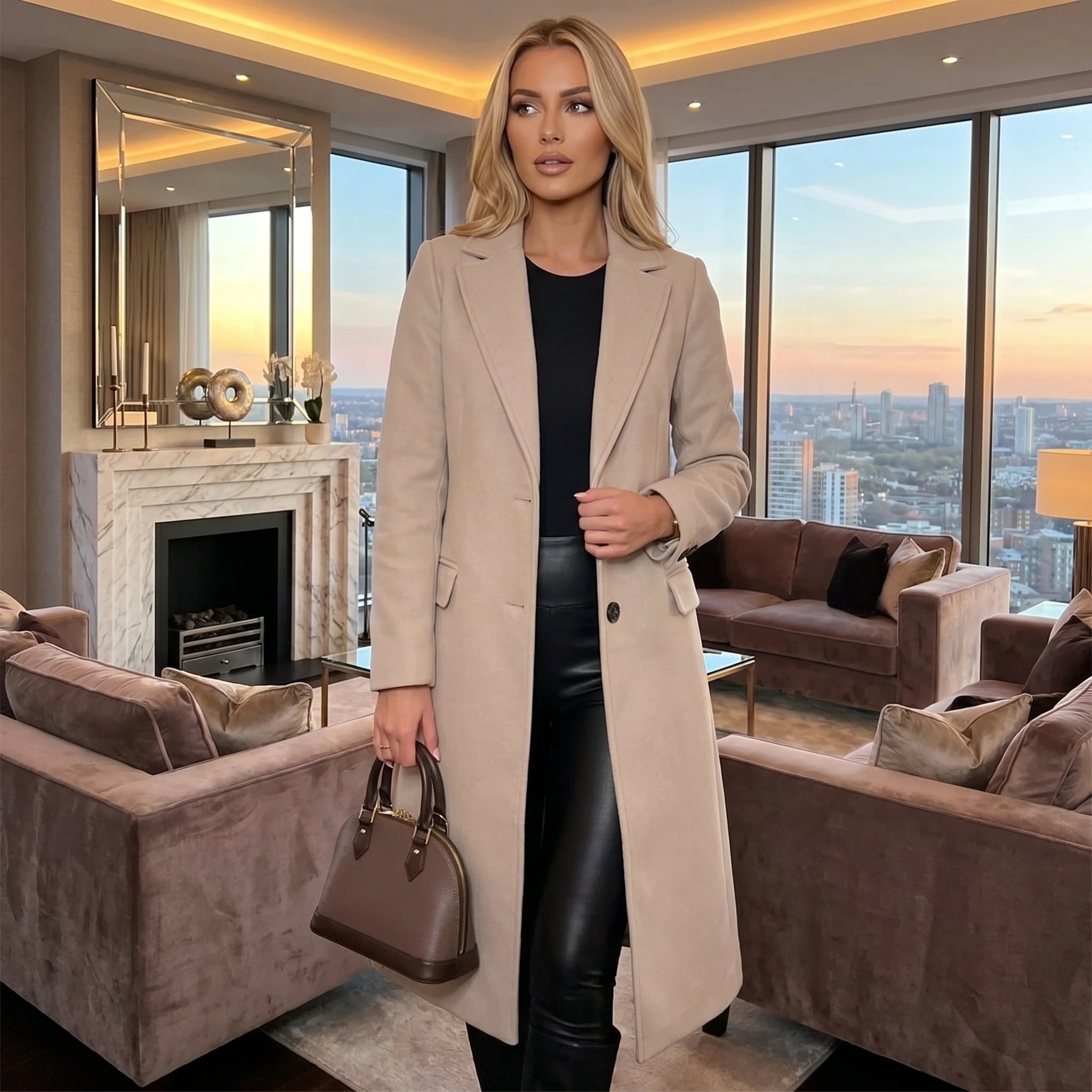 Front view of a model showing a women's structured winter coat in a classic color, styled with accessories against a neutral background.