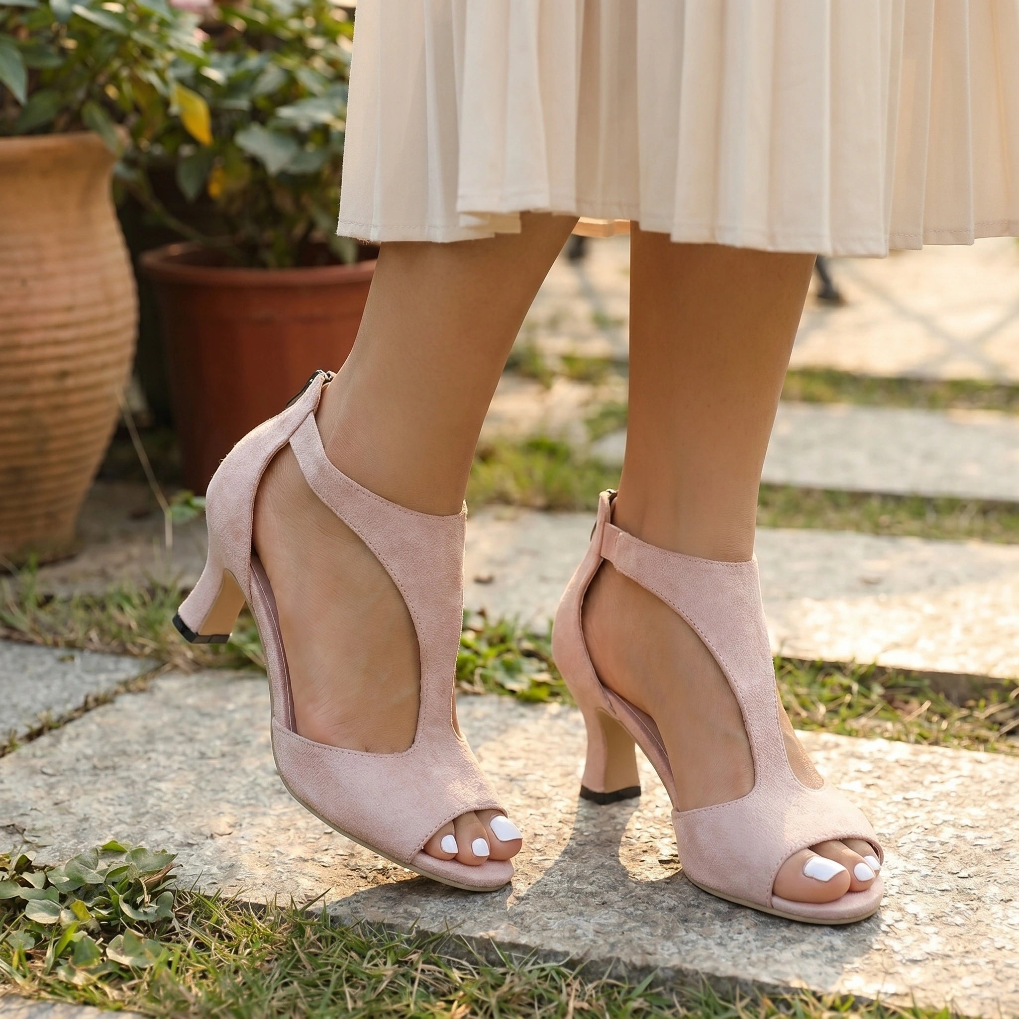 Close up view showing the luxurious fabric and intricate stitching details of the Womens Supportive Orthopedic Heels in a sophisticated color palette.