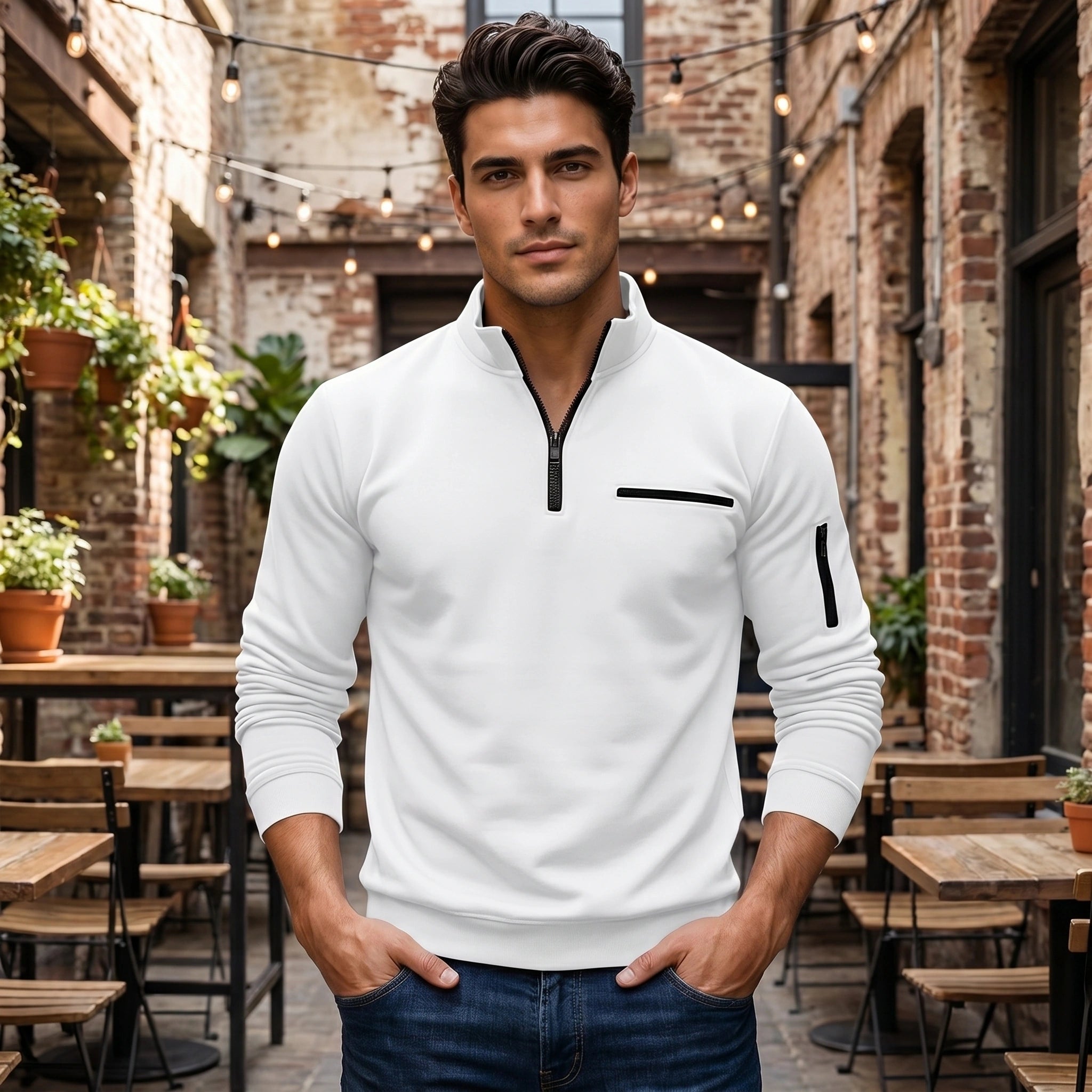 Close up view of the mens quarter zip sweater showing the fine fabric texture and detailed stitching, showing its quality and craftsmanship.