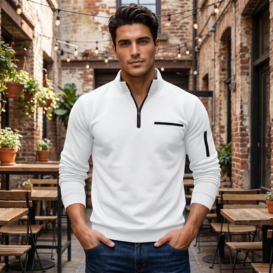 Close up view of the mens quarter zip sweater showing the fine fabric texture and detailed stitching, showing its quality and craftsmanship.