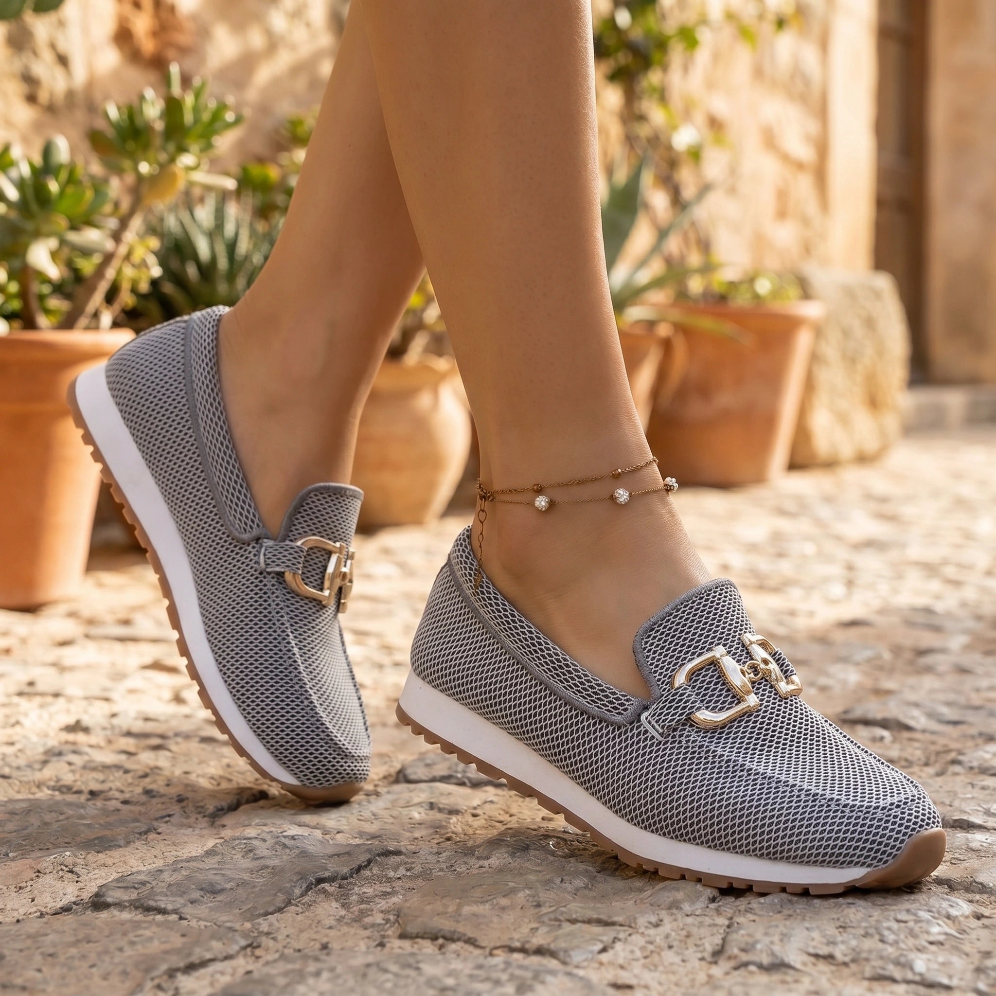 Close up view showing the breathable fabric and intricate stitching details of the Womens Breathable Summer Orthopedic Loafers in a light neutral color.
