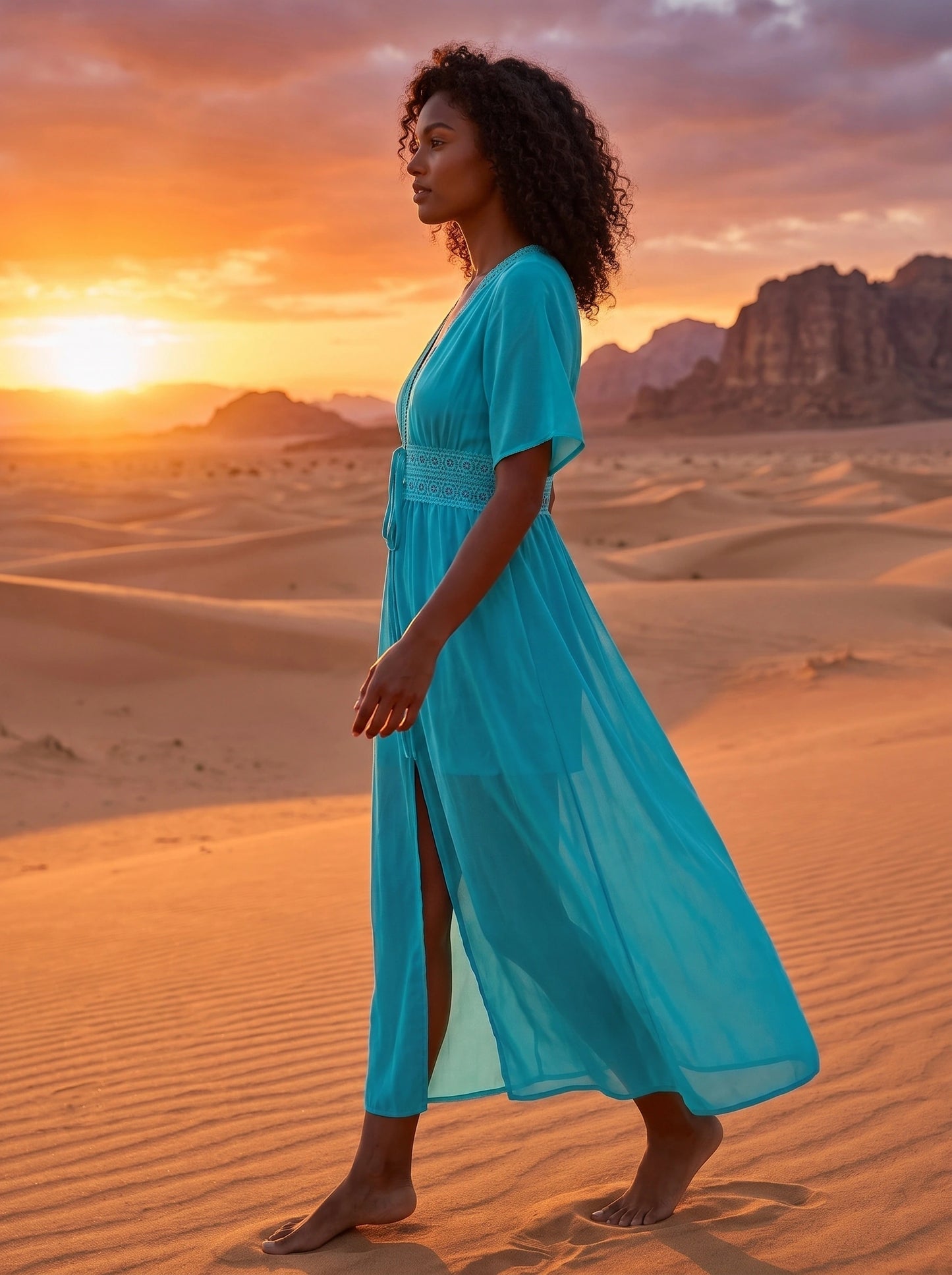 Back view of a model wearing a lightweight, flowing pastel colored Womens Breezy Summer Dress, showing its silhouette and delicate construction details against a soft beach backdrop.