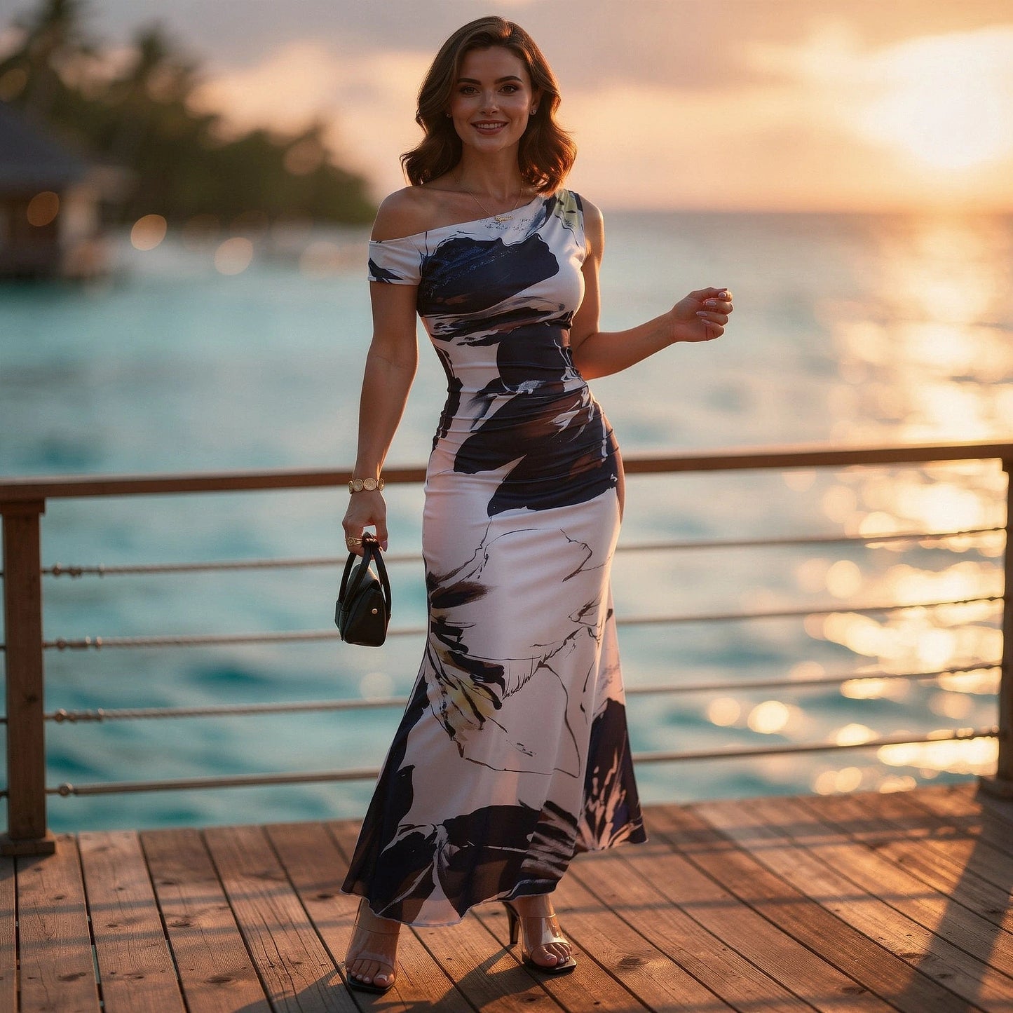 View of an asymmetrical neck dress in soft fabric, featuring a vibrant floral pattern and elegant draping