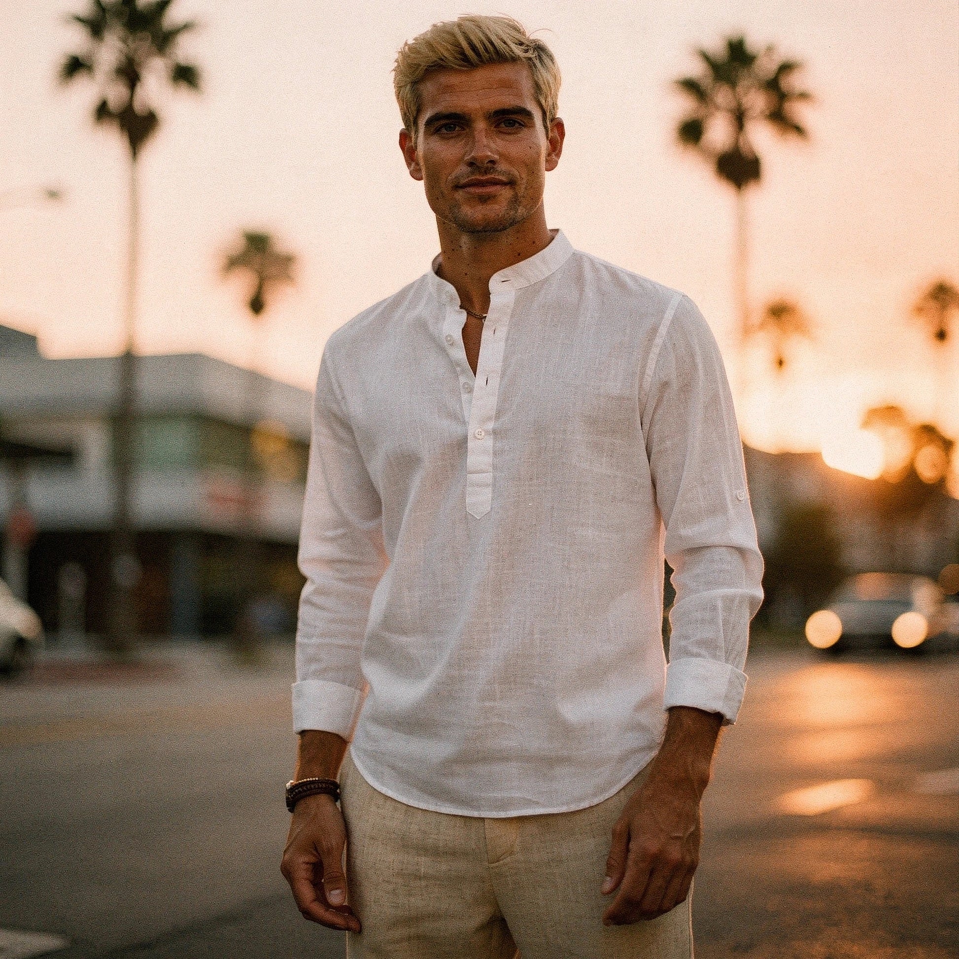 Lightweight casual henley shirt in soft cotton, featuring a button placket and long sleeves, view