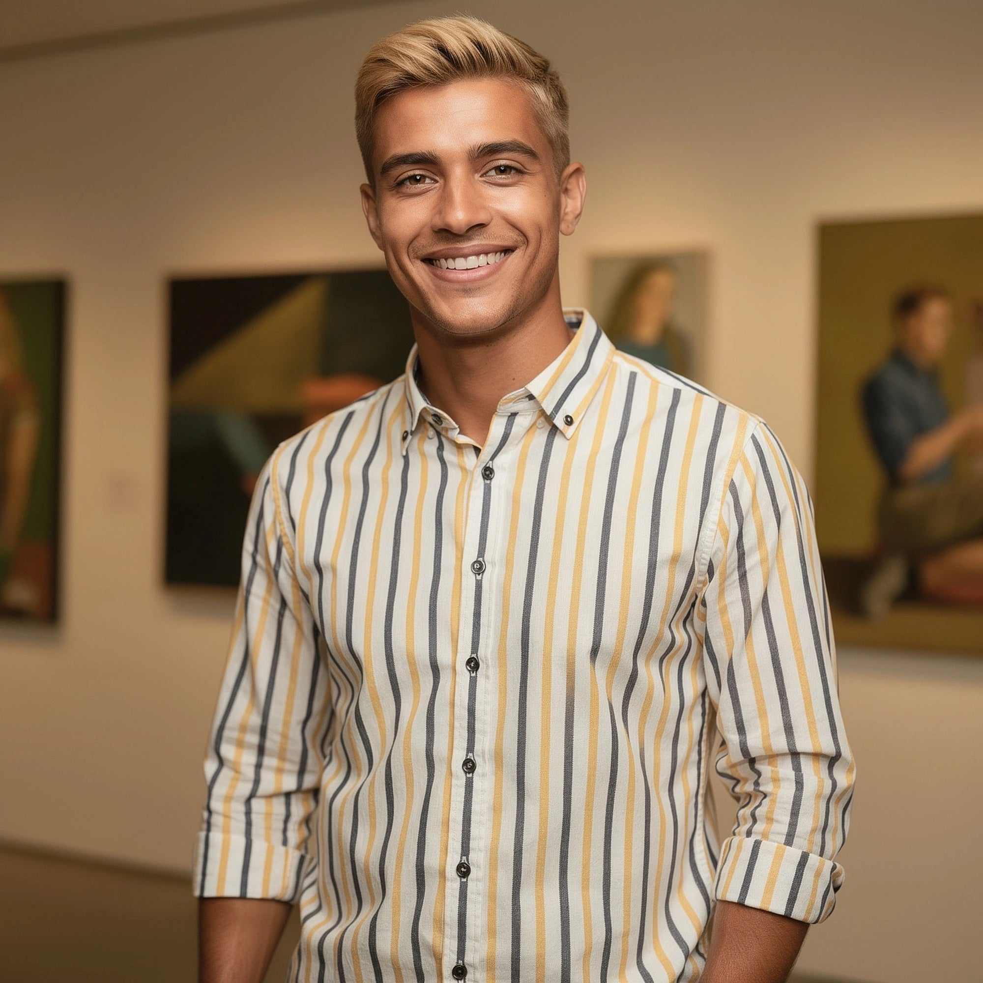 View of a relaxed striped cotton shirt featuring blue and white horizontal stripes and a casual fit