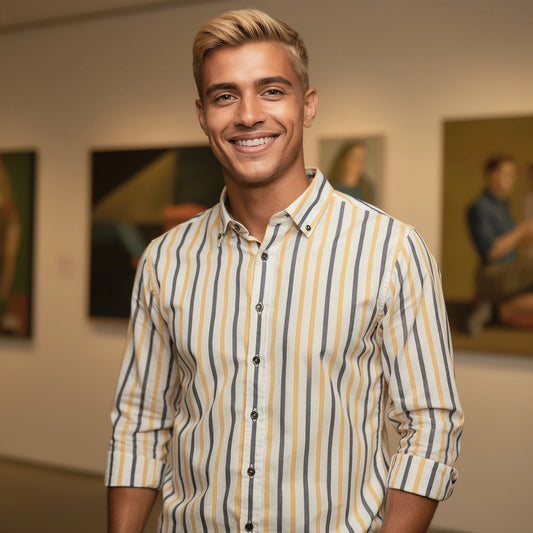 View of a relaxed striped cotton shirt featuring blue and white horizontal stripes and a casual fit