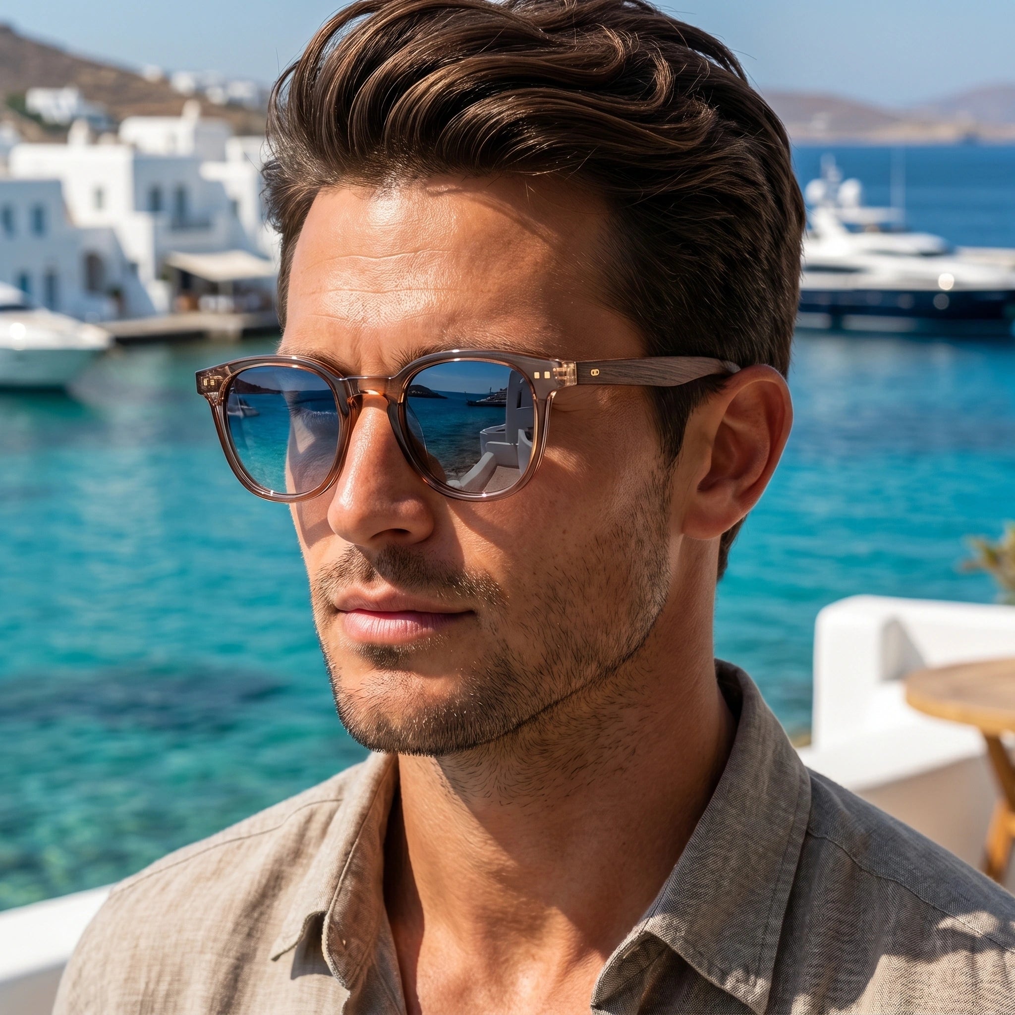 Model in a casual outfit showing high waisted trousers and a lightweight shirt, showing Mens Vintage Classic Square Sunglasses against a neutral background.