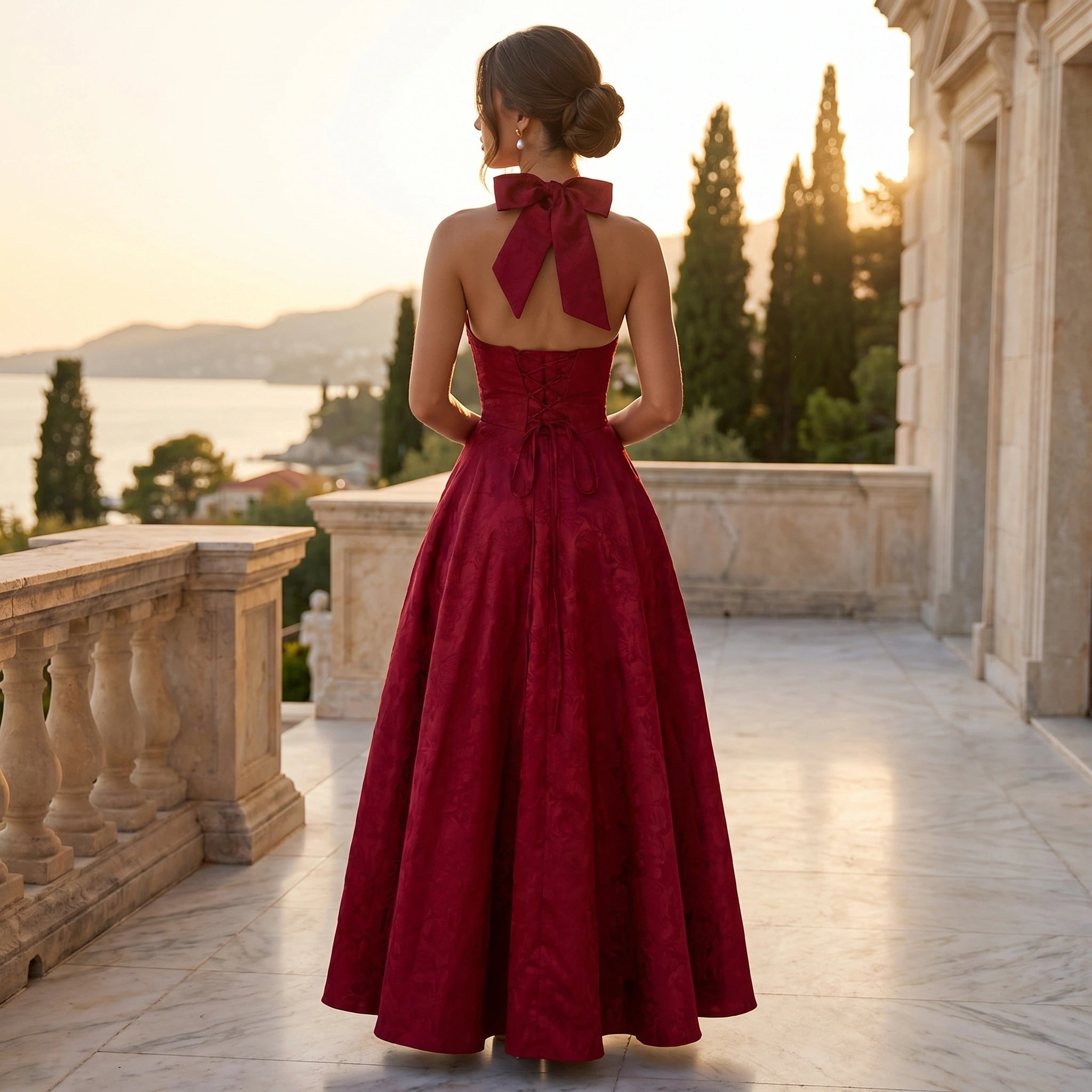 Close up view of the Womens Flare Evening Dress showing intricate stitching and luxurious fabric texture against a soft, neutral background.