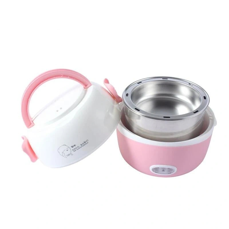 View of a stylish portable electric lunch box steamer in sleek gray, featuring a compact design and easy to carry handle