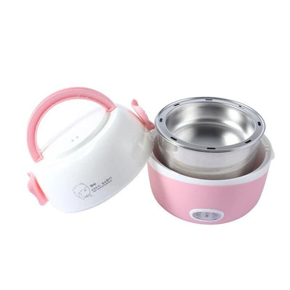 View of a stylish portable electric lunch box steamer in sleek gray, featuring a compact design and easy to carry handle