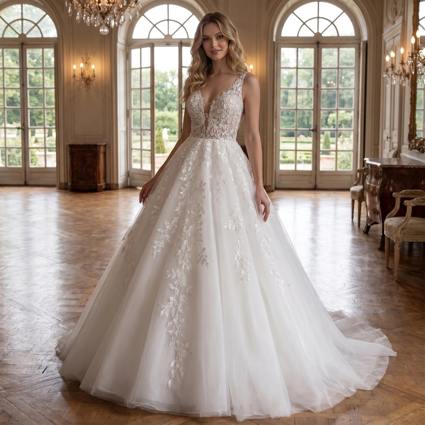 Back view of a model showing the Womens Boho Wedding Dress in soft ivory, showing intricate lace details and flowing silhouette against a serene outdoor backdrop.