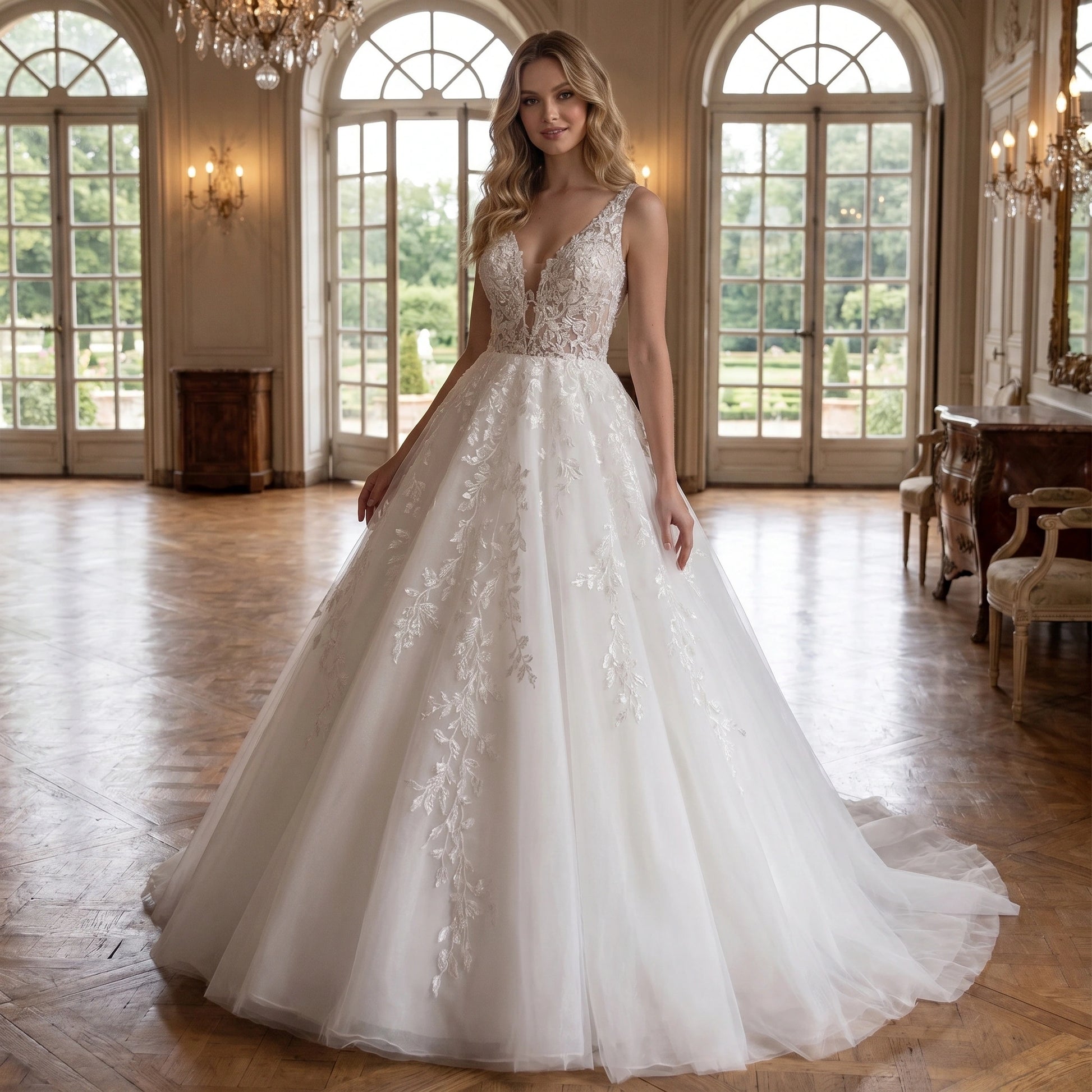 Back view of a model showing the Womens Boho Wedding Dress in soft ivory, showing intricate lace details and flowing silhouette against a serene outdoor backdrop.
