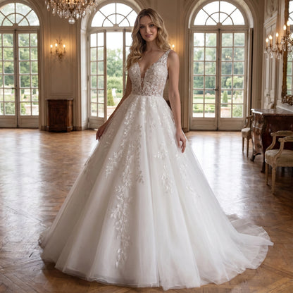Back view of a model showing the Womens Boho Wedding Dress in soft ivory, showing intricate lace details and flowing silhouette against a serene outdoor backdrop.