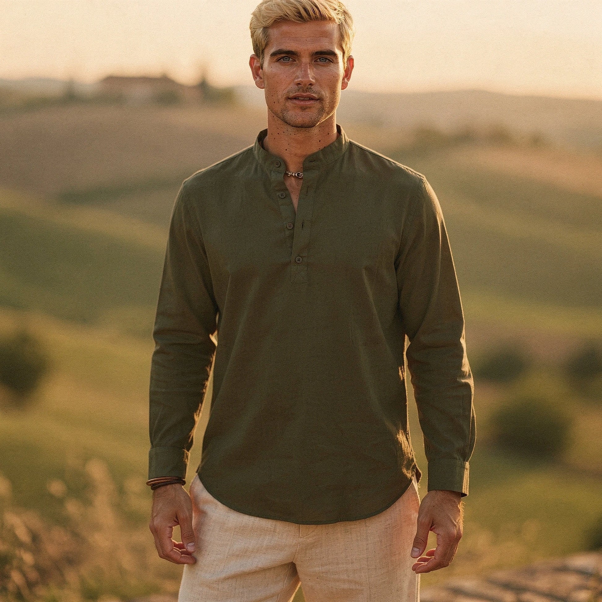 Lightweight casual henley shirt in soft cotton fabric, featuring a relaxed fit and button placket, view