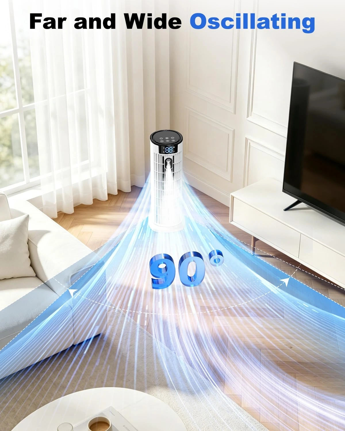 View showcasing the sleek design and adjustable vents of a compact air cooler with remote functionality