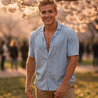 Light blue casual short sleeve button shirt made of soft cotton, featuring a relaxed fit and subtle pocket