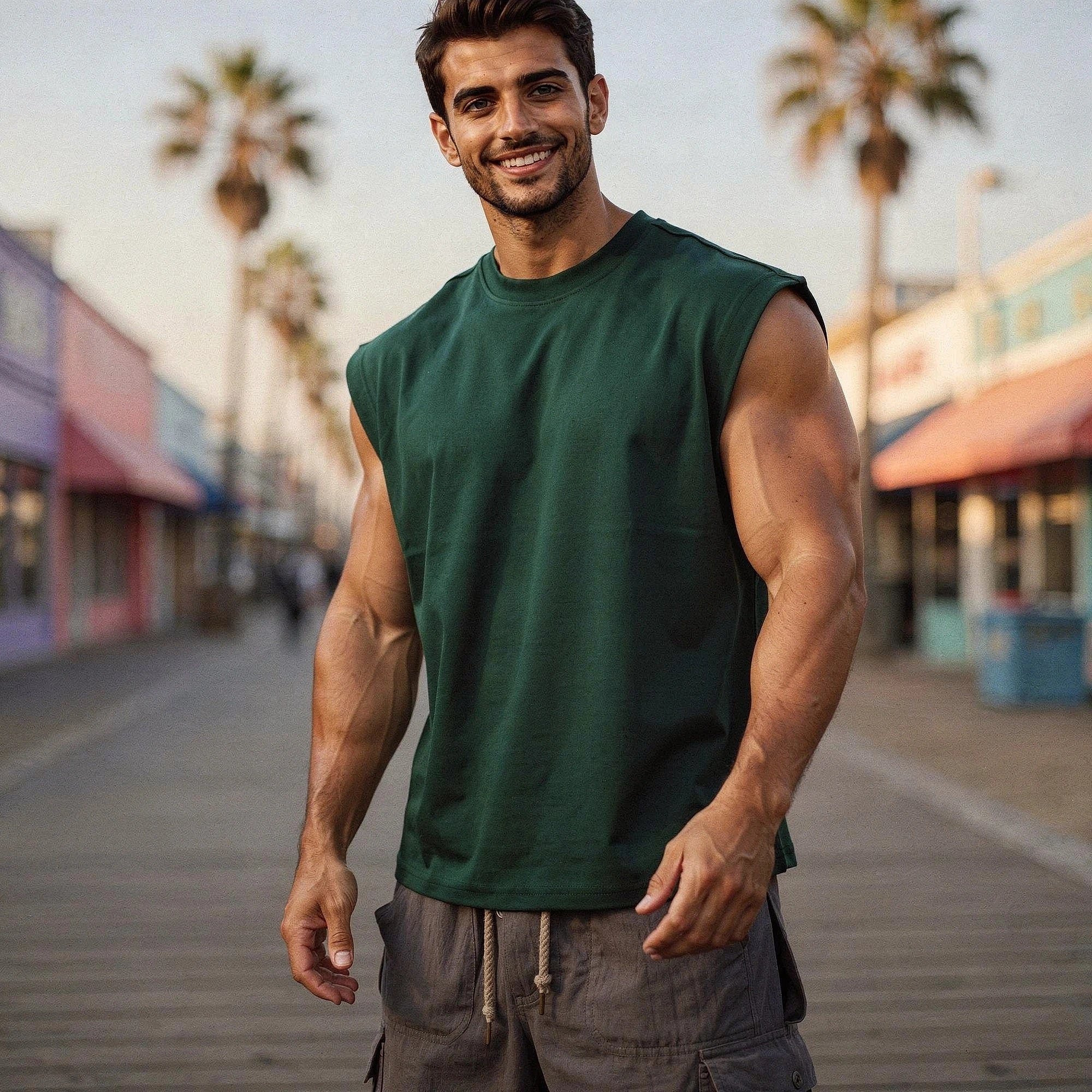 View of a sleek, comfortable summer tank top in light gray, featuring a relaxed fit and soft cotton material