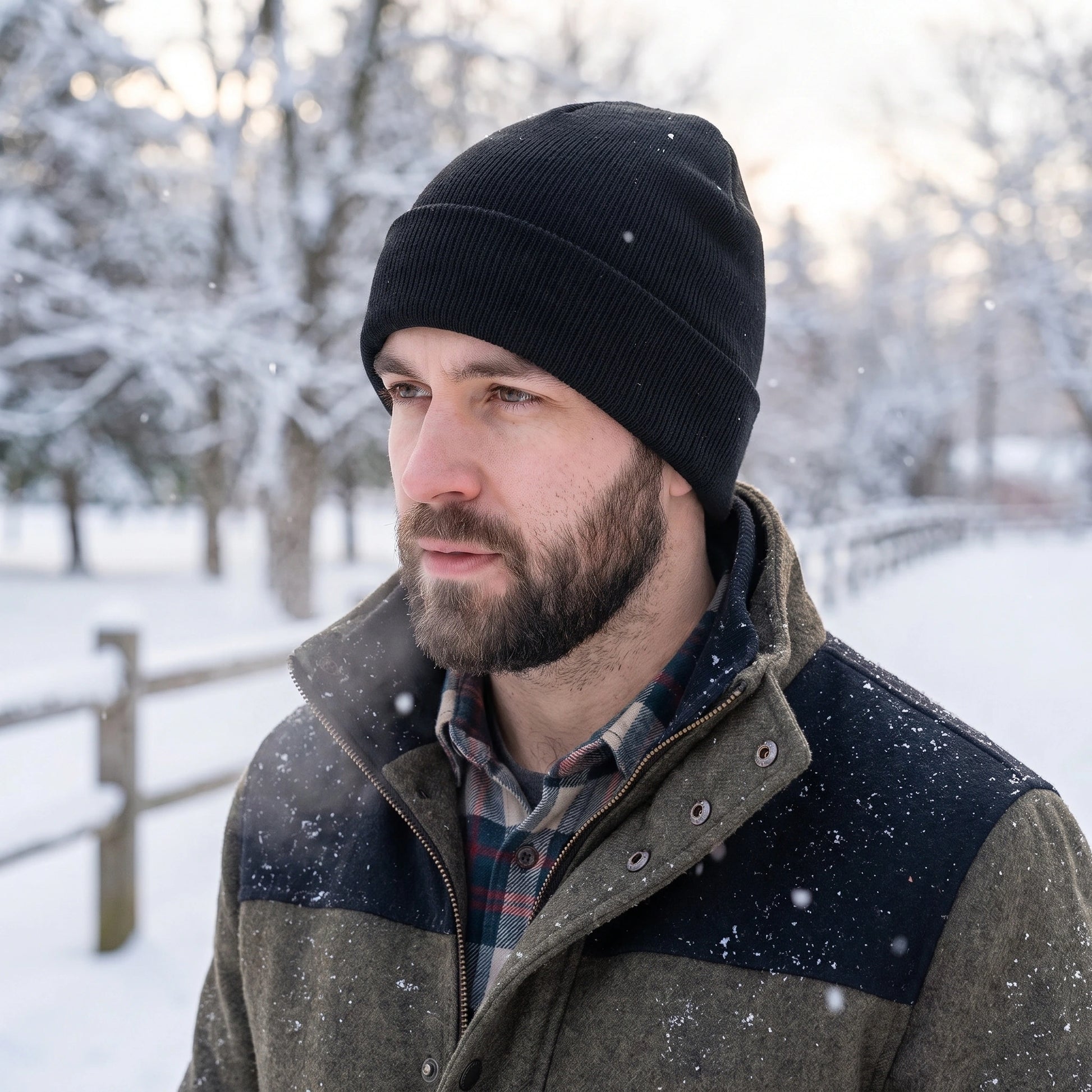 Close up view of the Men's Casual Warm Winter Beanie showing its soft knit fabric and detailed stitching, perfect for outdoor adventures this winter.