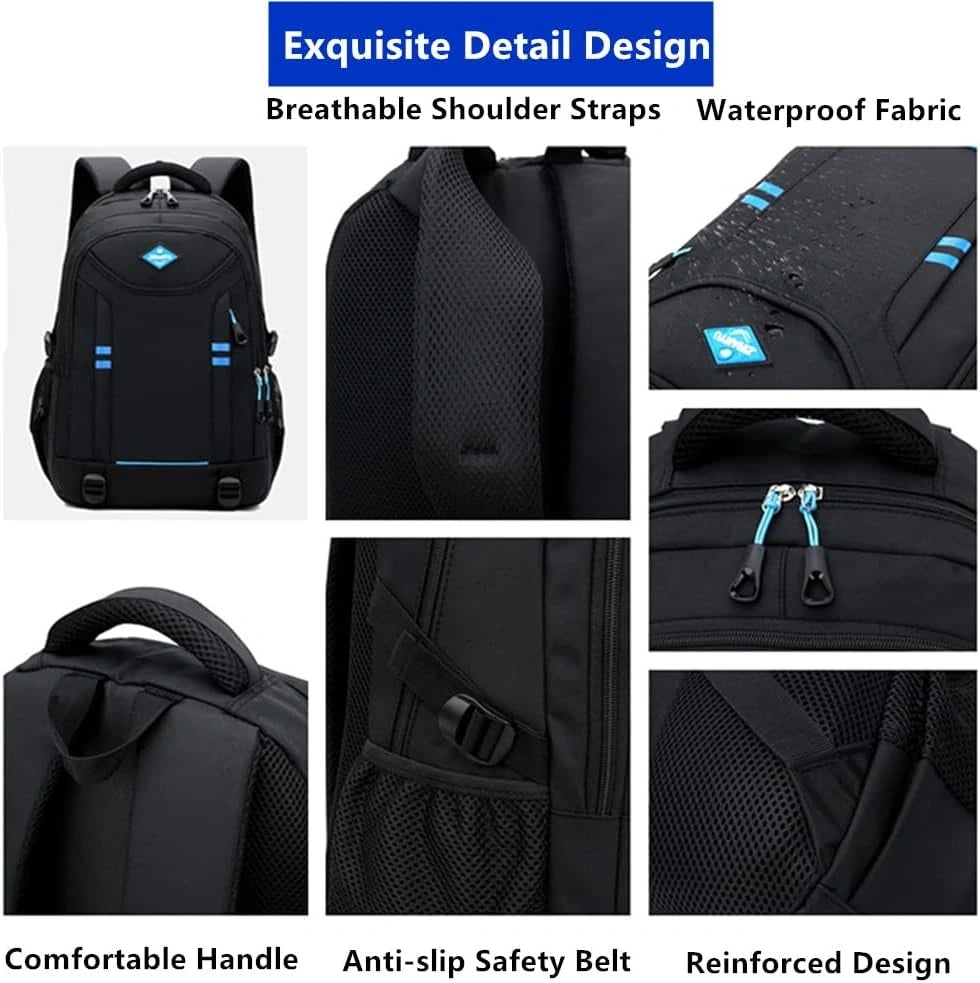View of a versatile rolling school backpack for boys, featuring durable fabric, multiple compartments, and a sleek black design