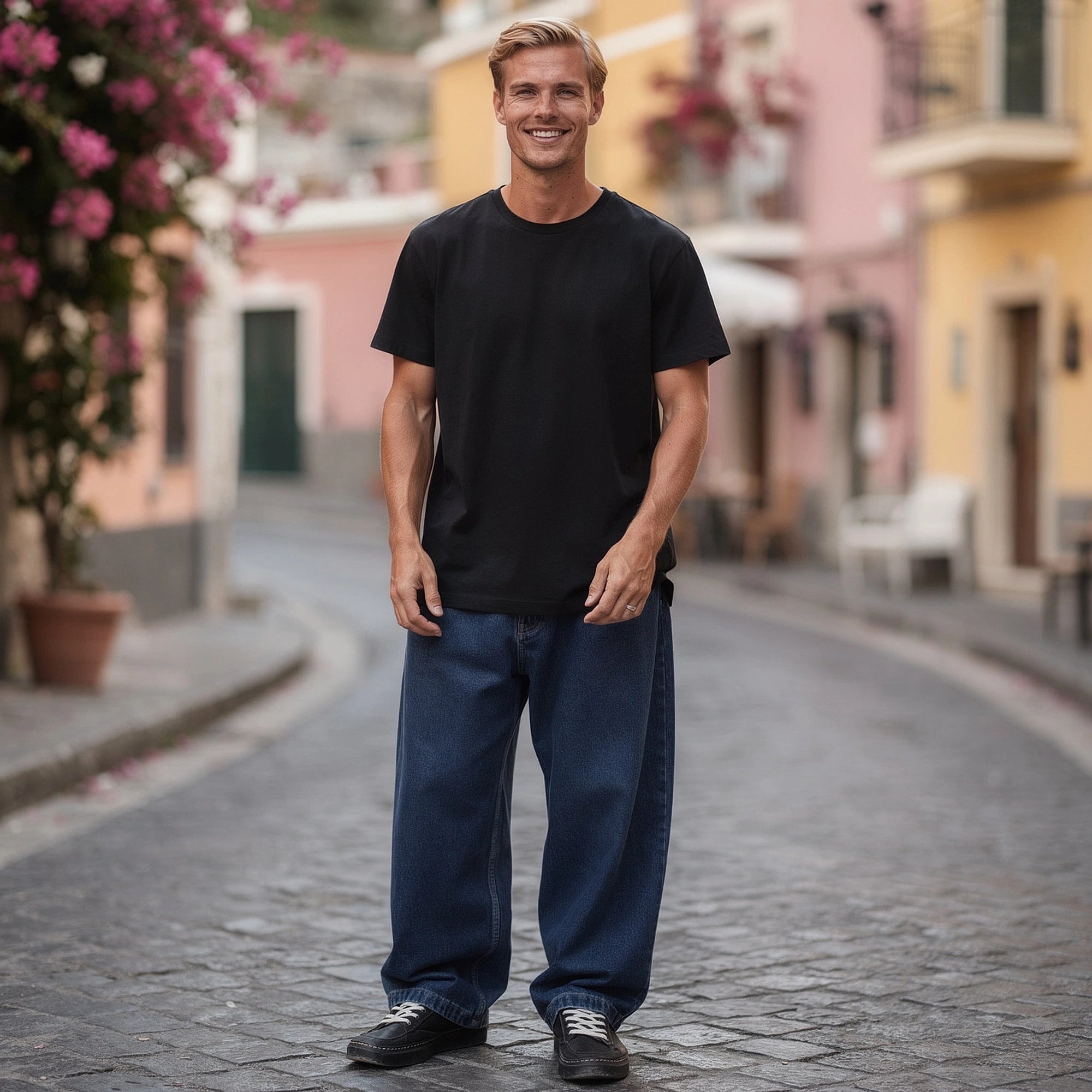 View of relaxed wide leg denim pants in light blue, featuring a soft cotton material and subtle stitching accents