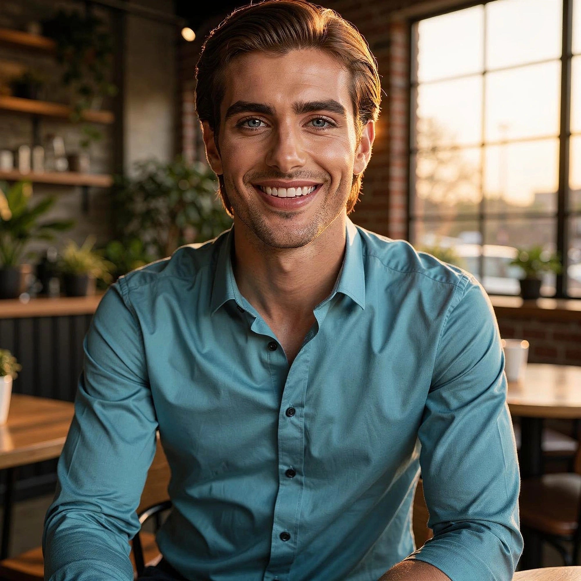 View of a tailored modern everyday shirt in light blue, featuring a crisp collar and subtle texture