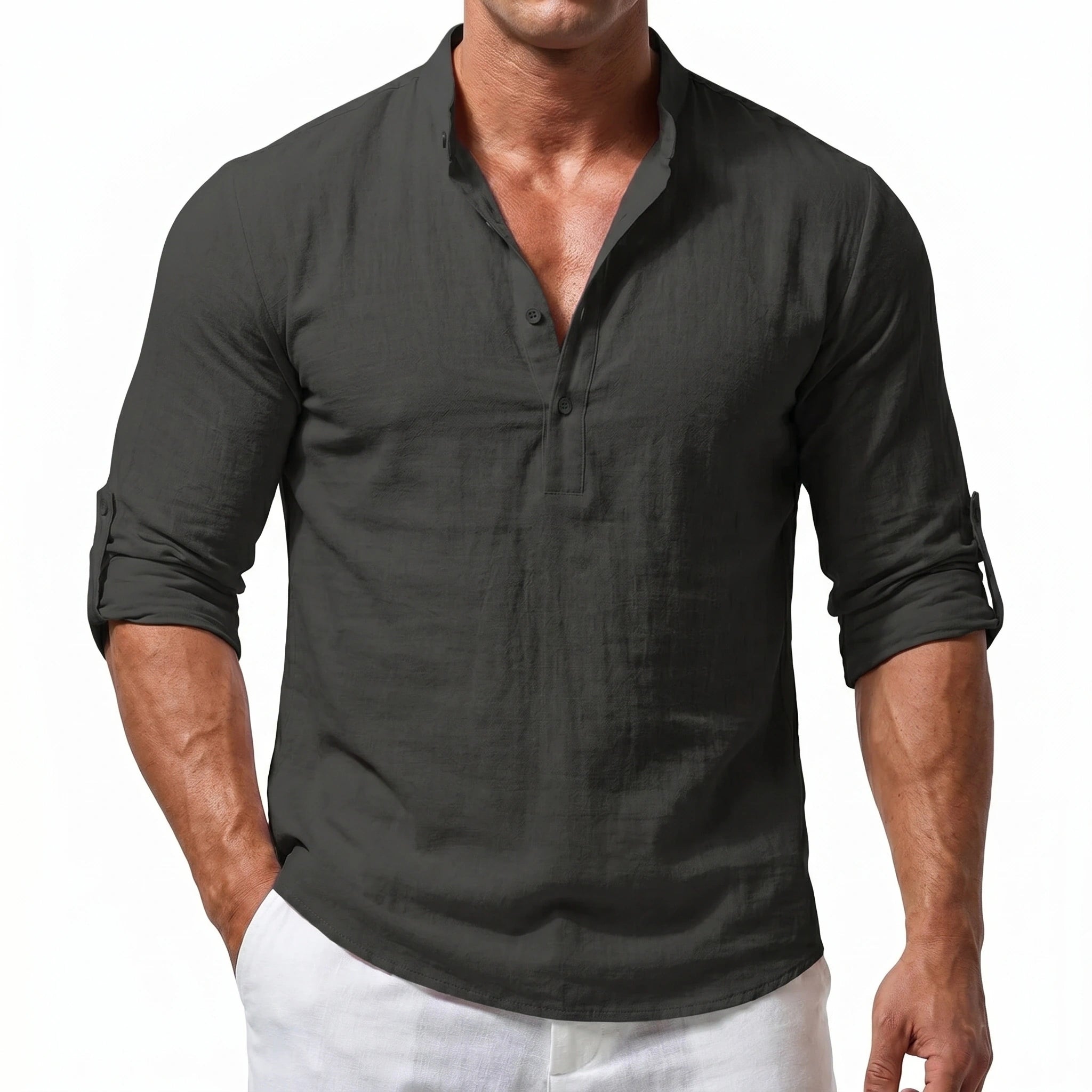 Close up view of the lightweight fabric and stitching details of a men's casual beach shirt in a colorful, showing its breathable design.