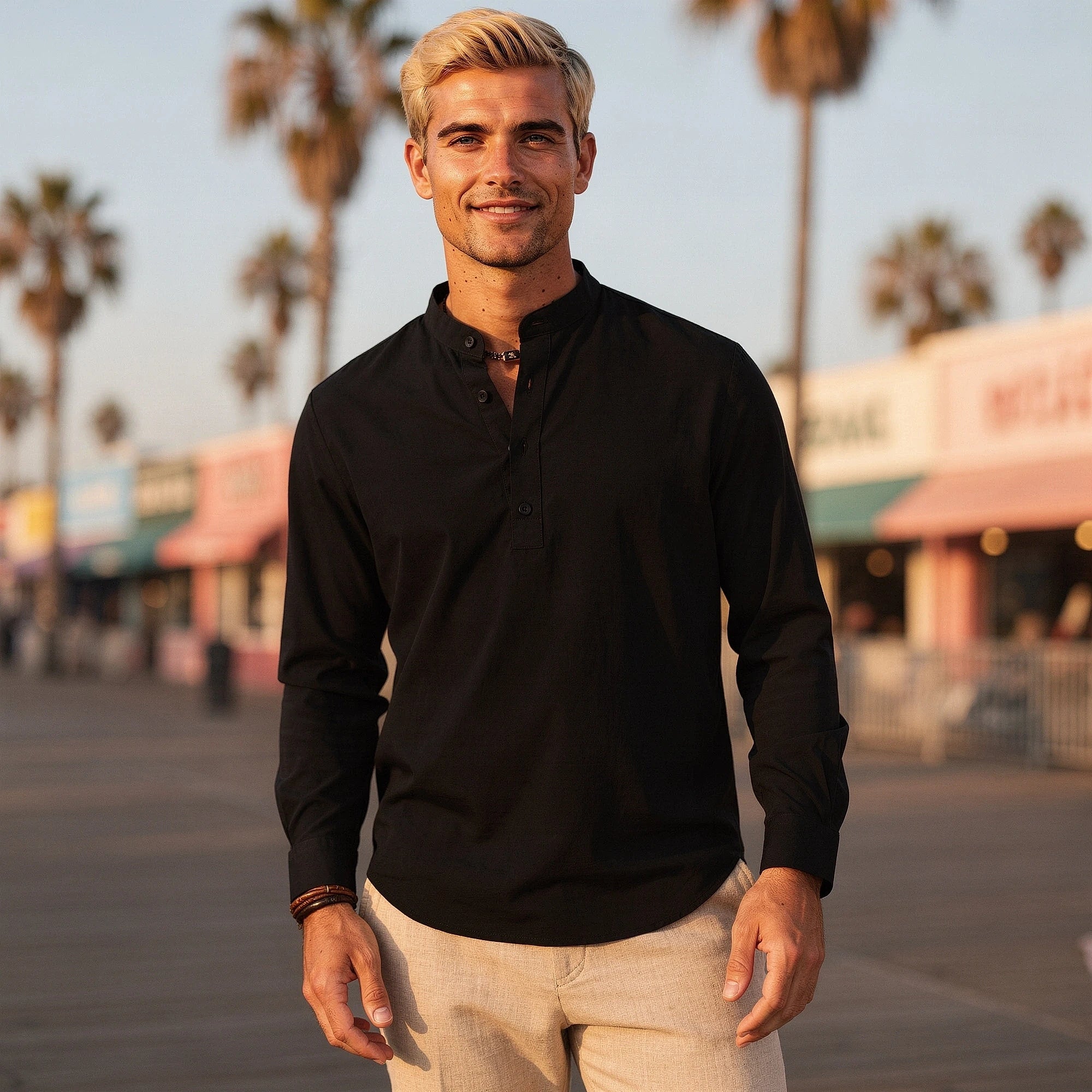 Lightweight casual henley shirt in light gray, featuring a buttoned placket and a relaxed fit, view