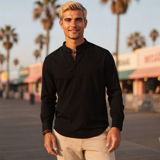 Lightweight casual henley shirt in light gray, featuring a buttoned placket and a relaxed fit, view