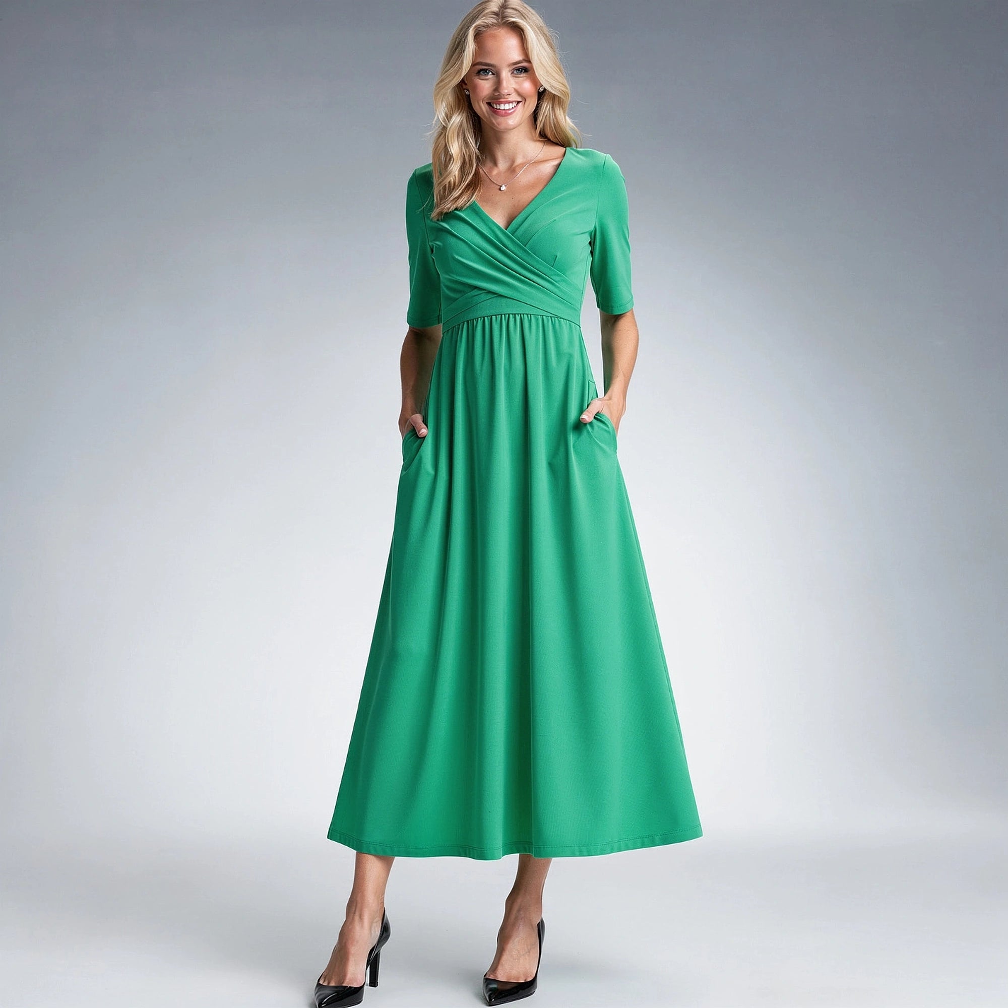 View of a chic v neck midi dress in soft fabric, featuring a floral print and delicate flutter sleeves