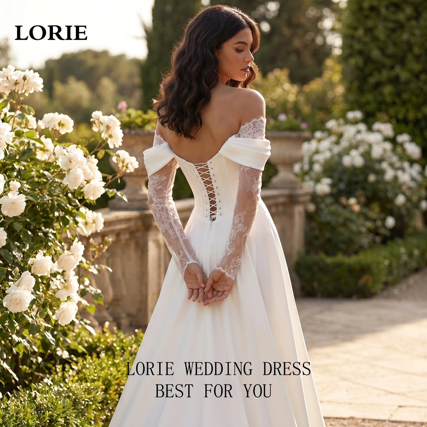 Close up of the Womens Understated Wedding Dress showing intricate stitching and luxurious fabric texture, showing its modern design and refined elegance.