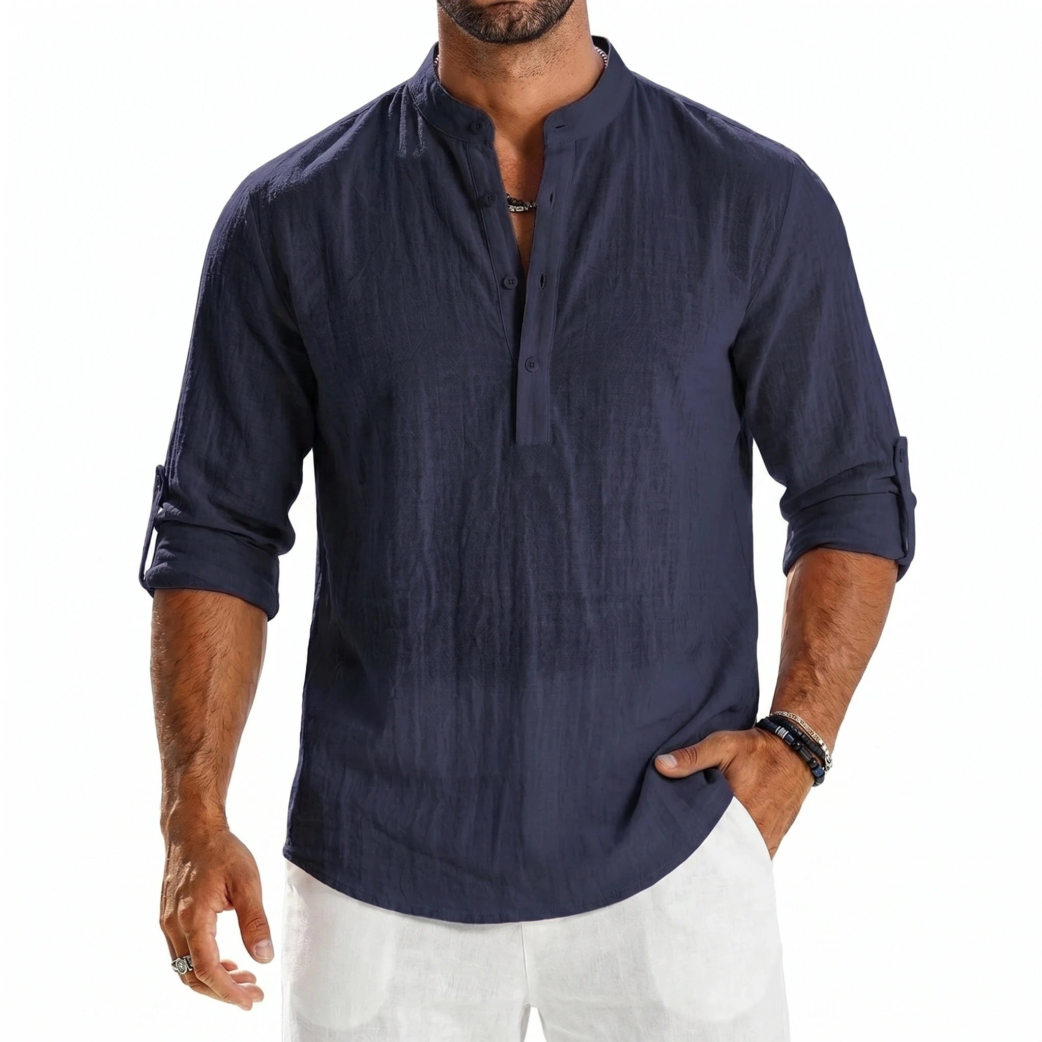 Close up view of the lightweight fabric and stitching details of the men's casual beach shirt, showing its breathable texture and design.