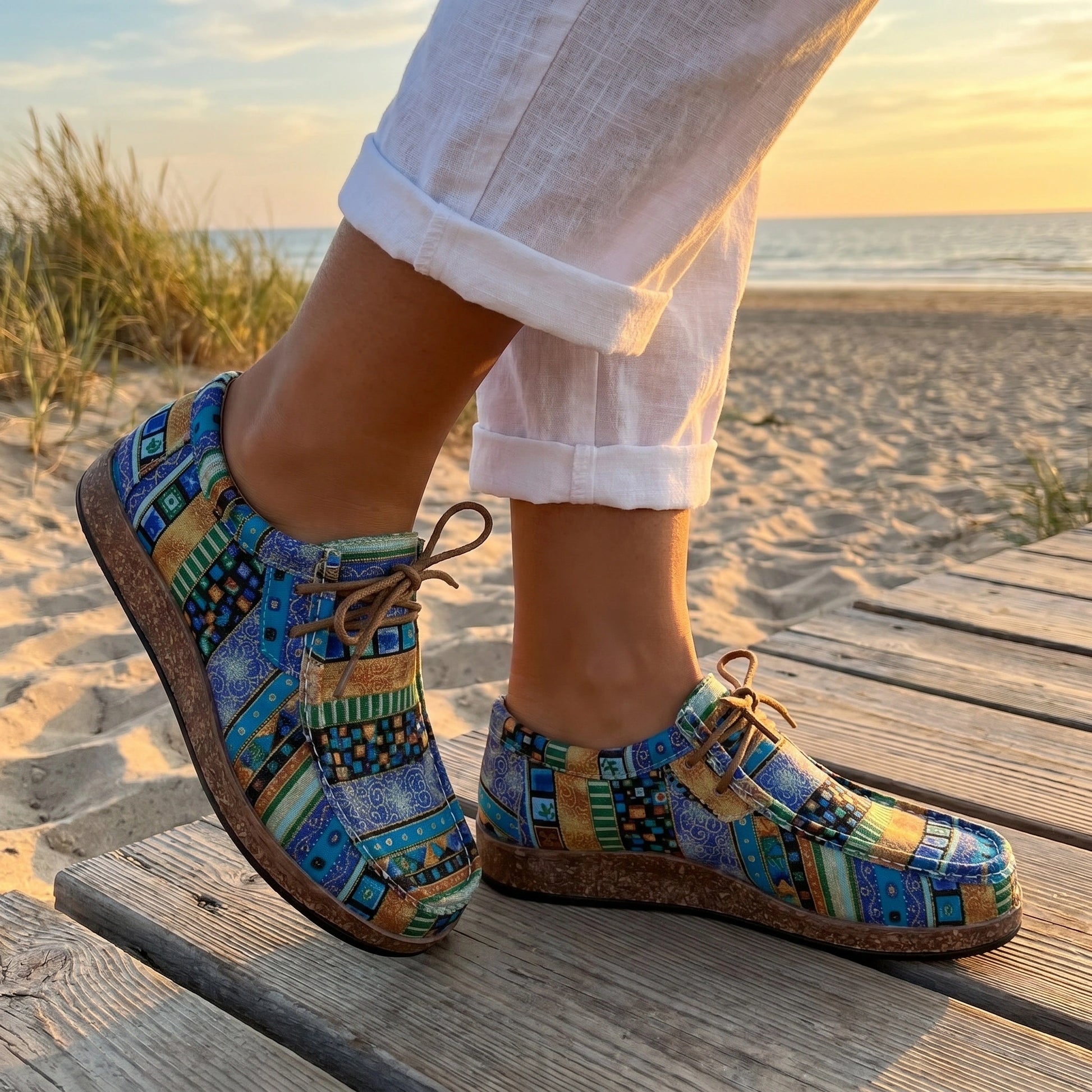 A model showcases the Womens Supportive Sneakers in a full front view, paired with a outfit against a neutral background.