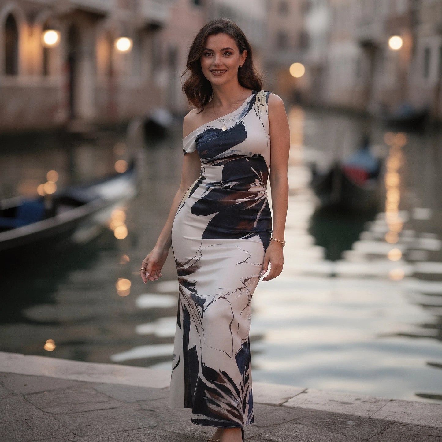 Asymmetrical neck dress in soft fabric featuring a vibrant floral pattern, view showcasing the neckline and texture