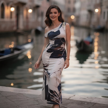 Asymmetrical neck dress in soft fabric featuring a vibrant floral pattern, view showcasing the neckline and texture