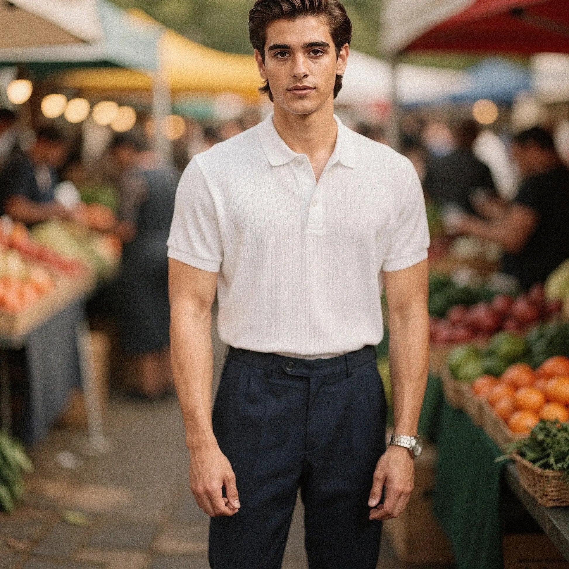 Light blue slim fit short sleeve polo t shirt made of breathable cotton, view showcasing collar and stitching